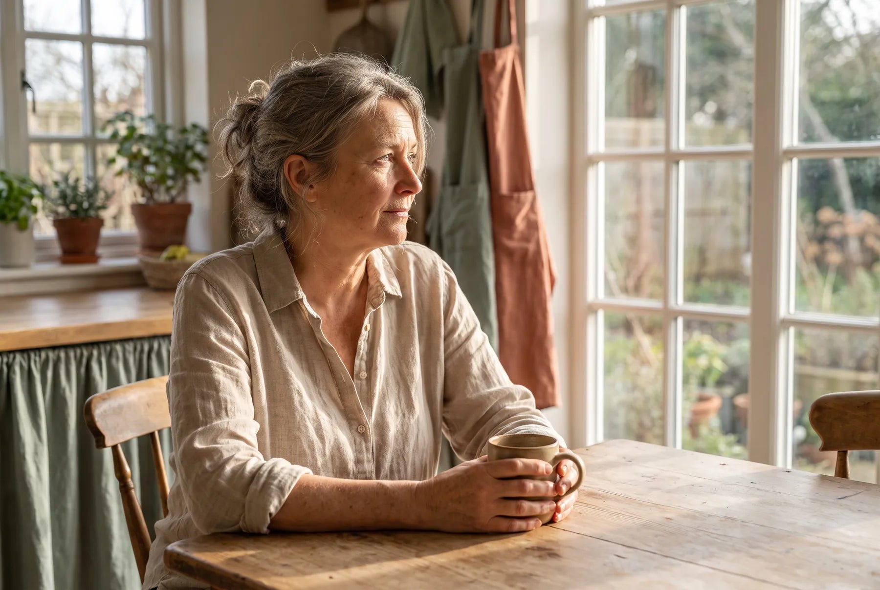 Woman in her fifties at a sunlit kitchen table in the afternoon