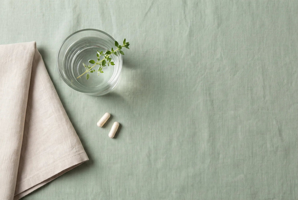 Two Vael Daily capsules beside a glass of water