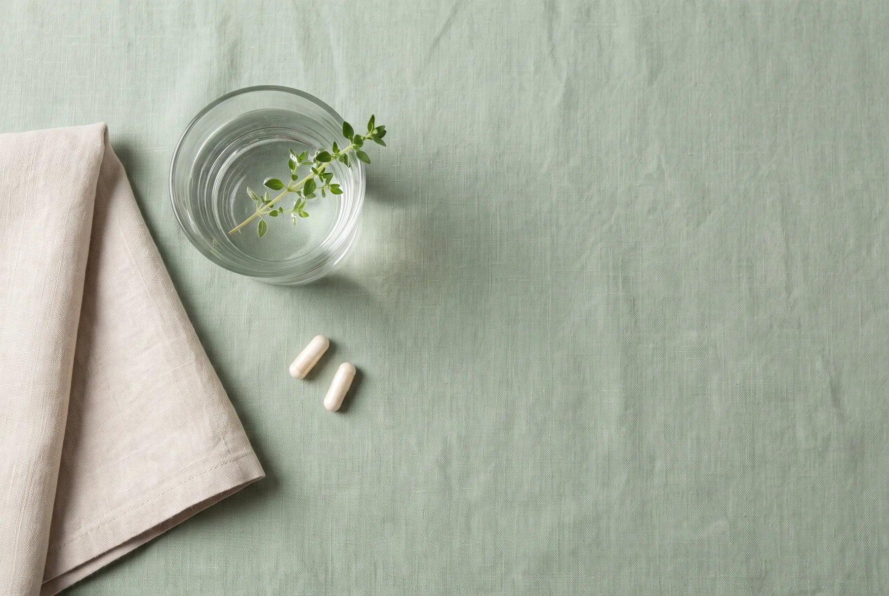 Two Vael Daily capsules beside a glass of water