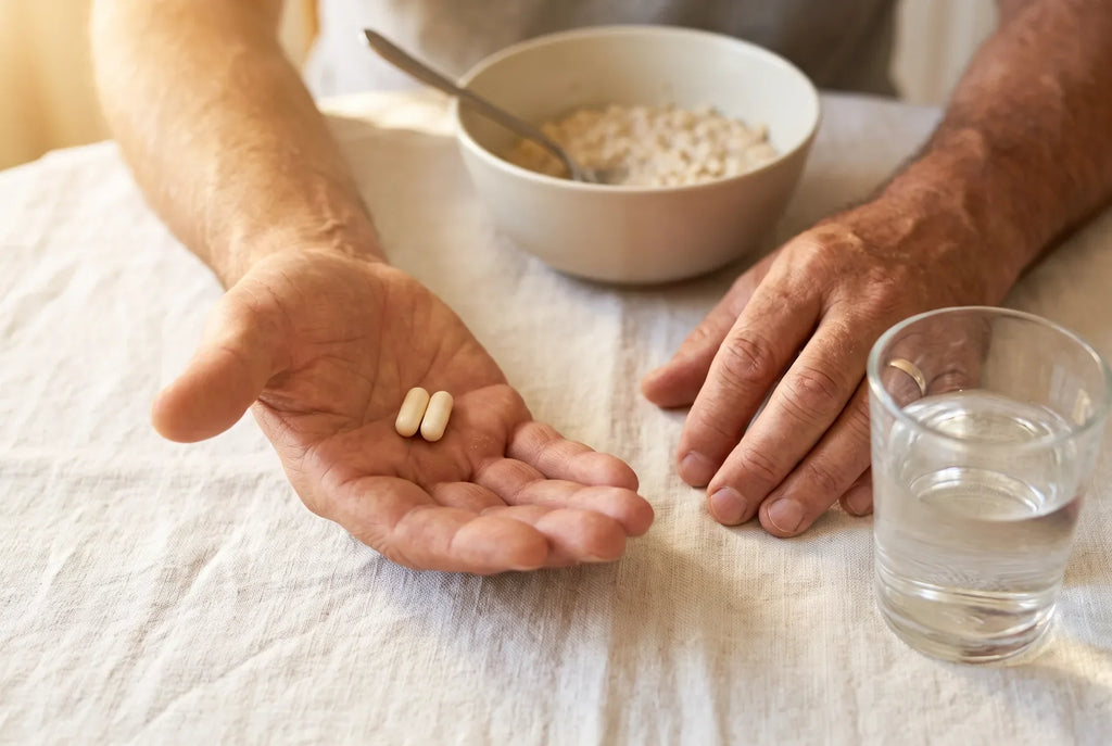 Two capsules held in an open palm at a breakfast table