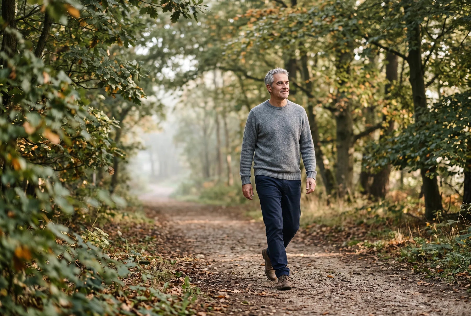Man in his fifties walking on a tree-lined path in morning light
